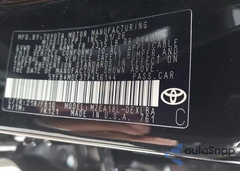 2026 Toyota Corolla Le from USA, damaged, VIN 5YFB4MDE3TP416144